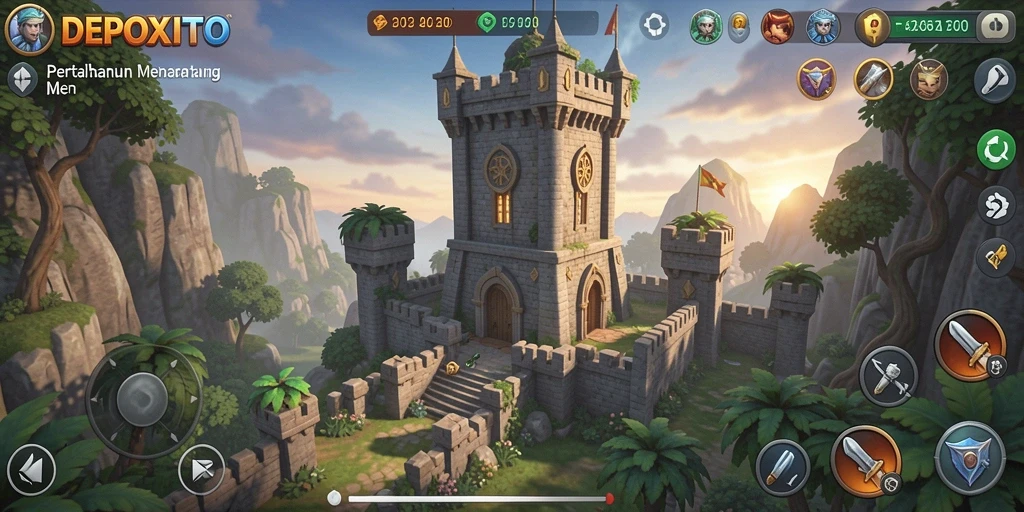 Tangkapan layar gameplay DEPOXITO menampilkan aksi menara pertahanan yang epik.