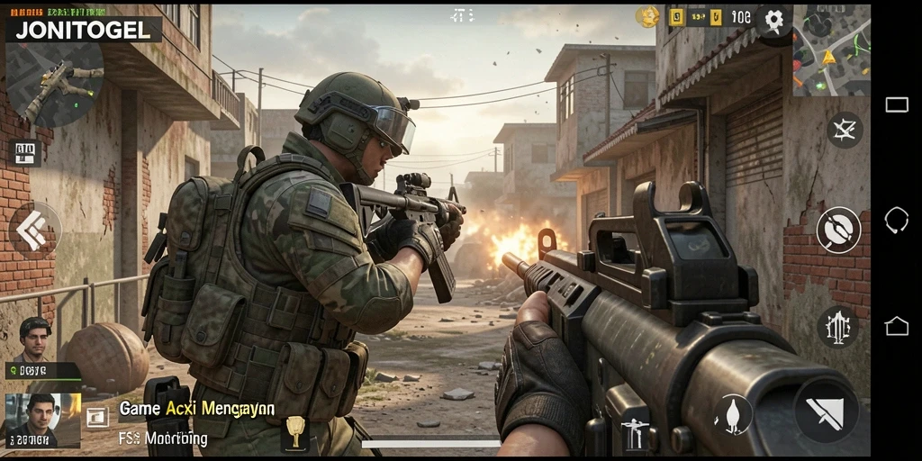 Screenshot menampilkan aksi intens dalam permainan FPS JONITOGEL.