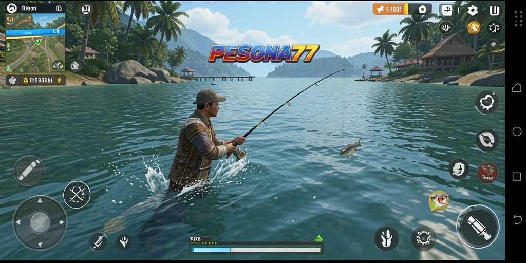 Screenshot gameplay PESONA77 menunjukkan momen epik menangkap ikan.