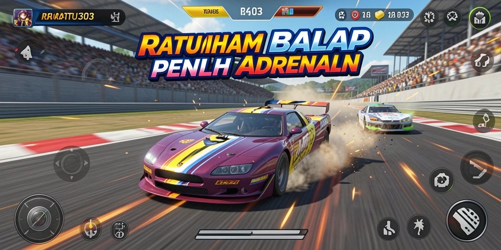 Tampilan balapan mendebarkan dengan mobil melaju kencang di lintasan.