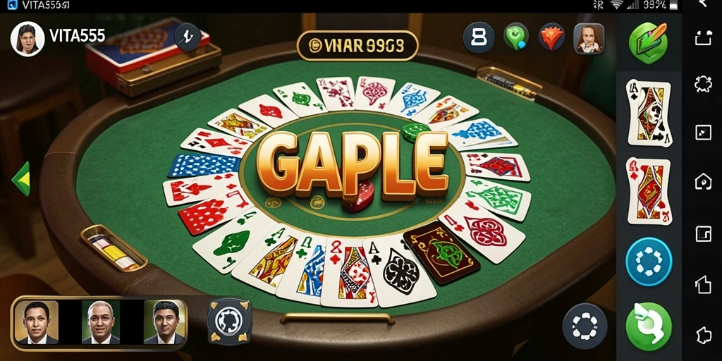 Screenshot utama VITA555 menampilkan gameplay Gaple yang menarik dan interaktif.